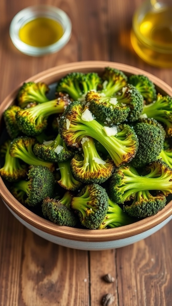 Crispy air fryer broccoli garnished with Parmesan cheese in a rustic bowl on a wooden table.